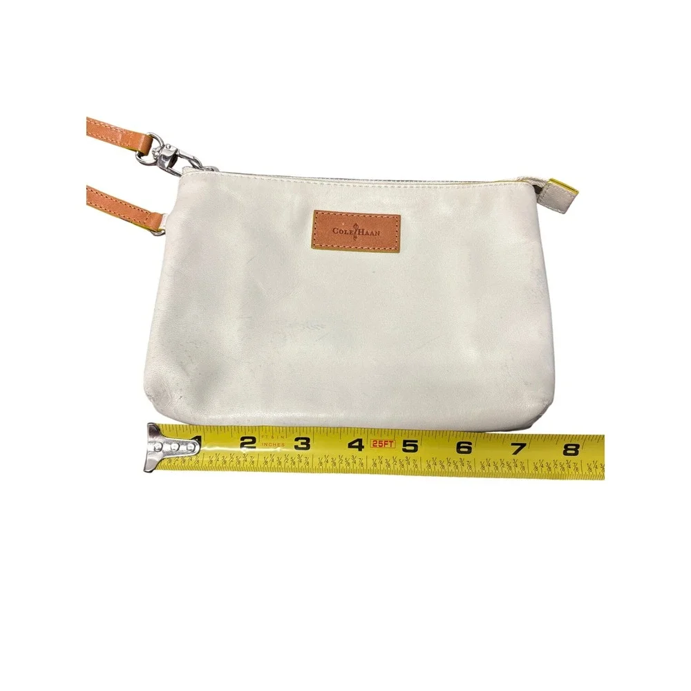 Cole Haan White Leather Wristlet Clutch Tan Strap Yellow Trim Turquoise Interior